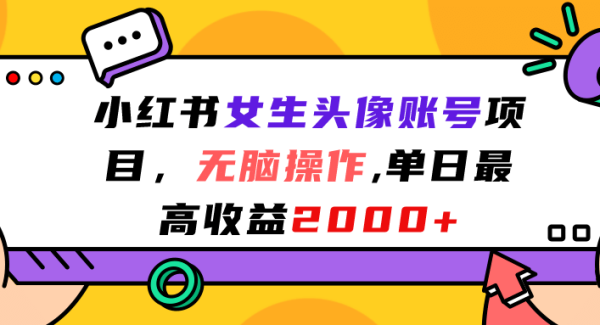 小红书女生头像账号项目，轻松操作，单日最高收益2000