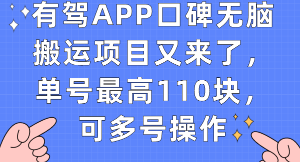 有驾APP口碑轻松搬运项目又来了，单号最高110块，可多号操作